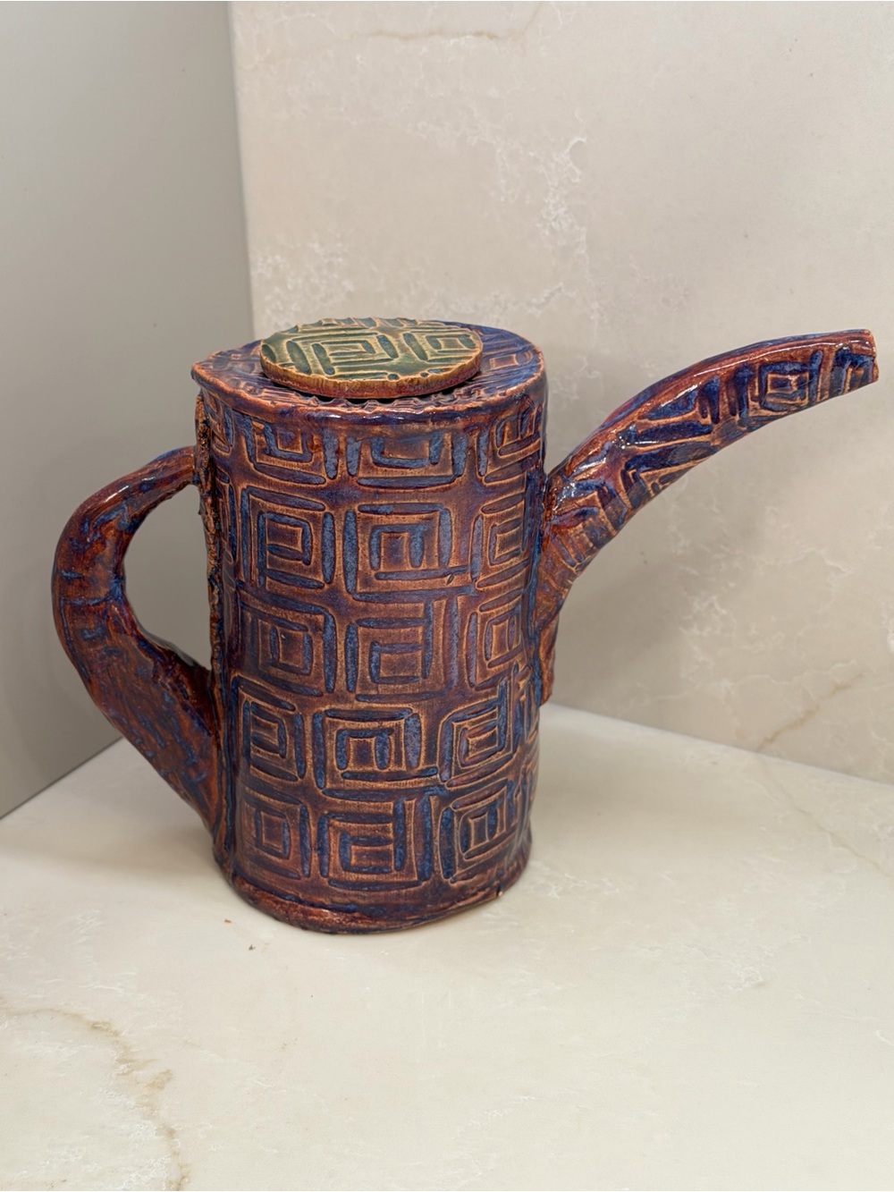 Handcrafted Geometric Ceramic Teapot - Blue and Brown